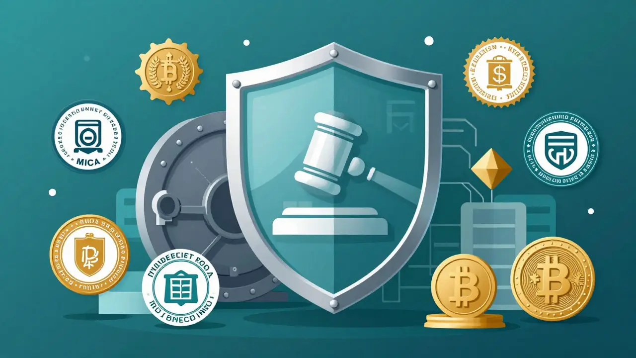 Vector art of a secure crypto vault protected by a digital shield and regulatory symbols.