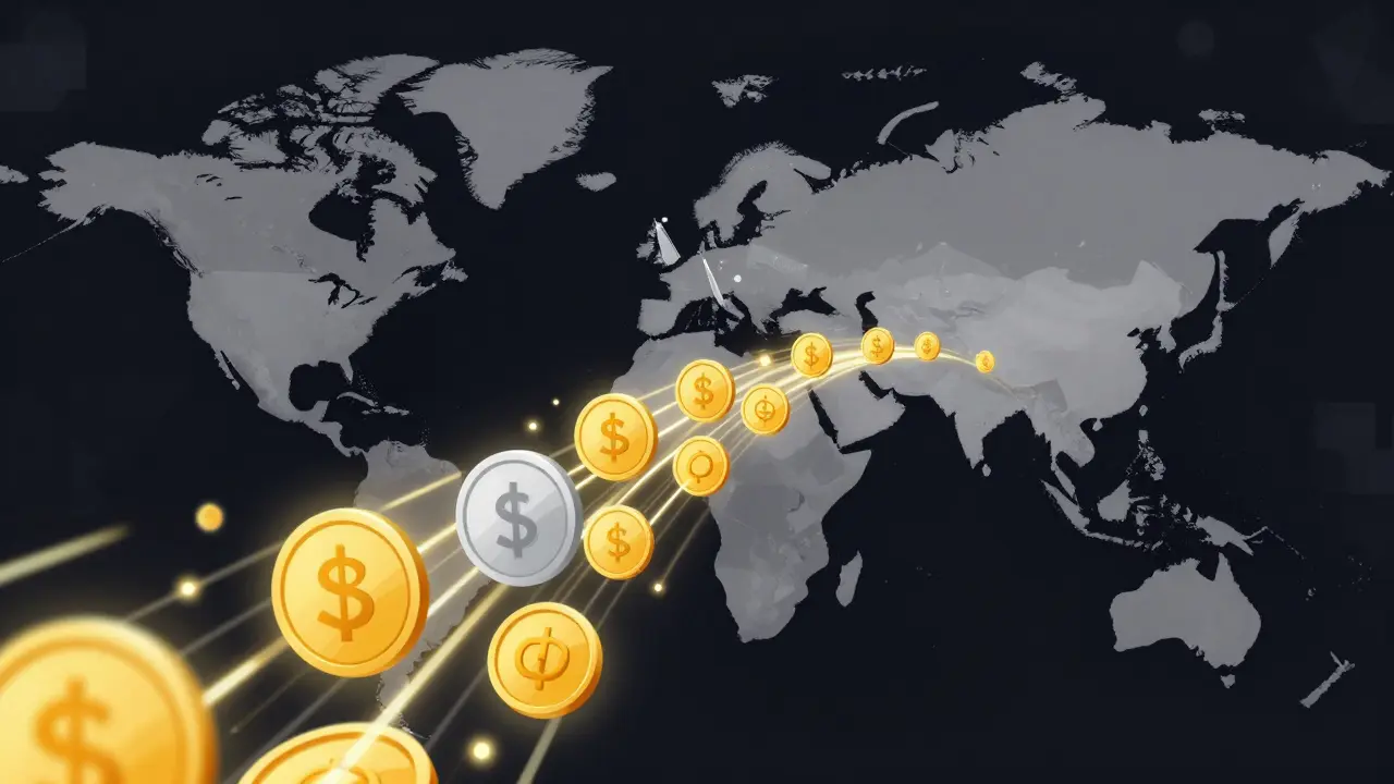 Vector art of stablecoins flowing digitally from the Middle East to Bangladesh.