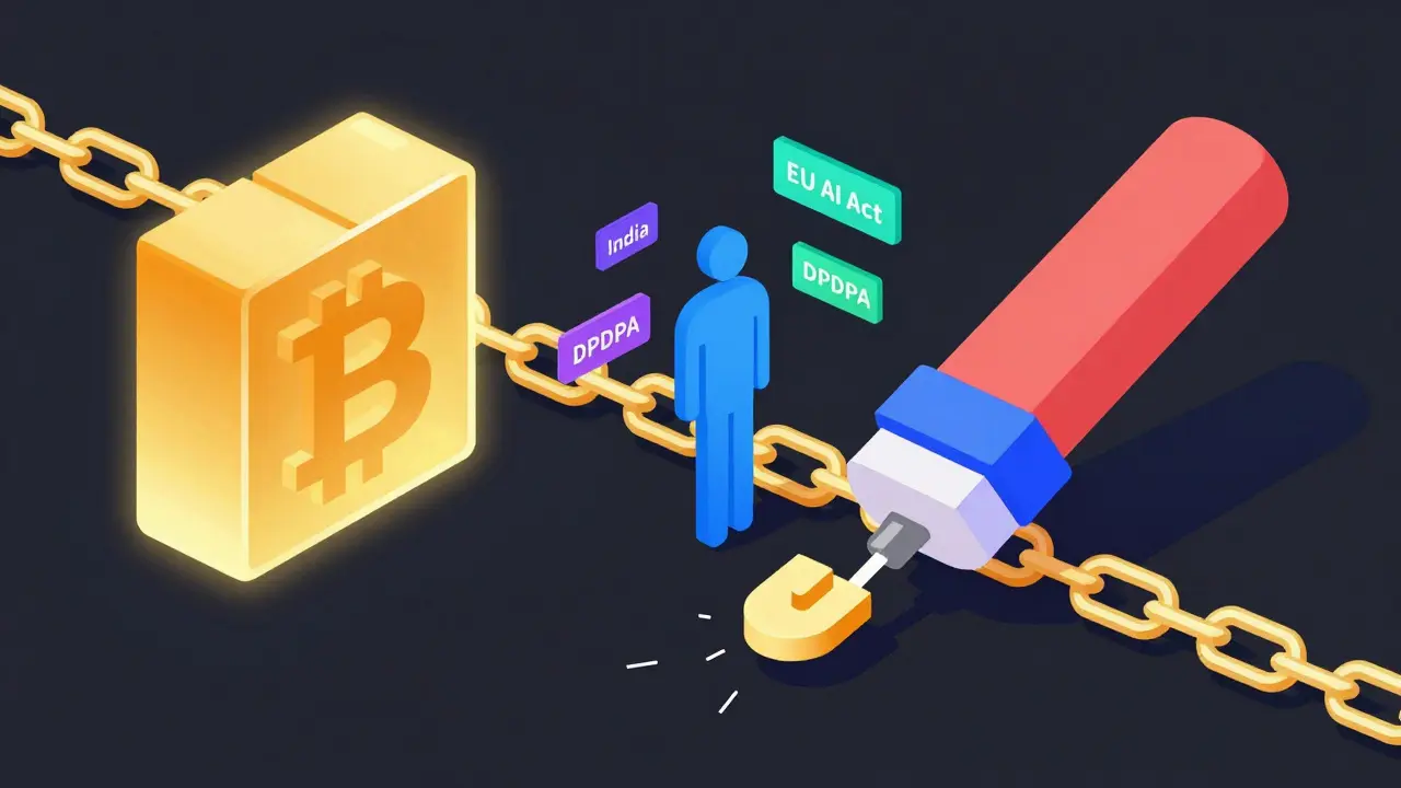 Vector art showing a digital eraser attempting to delete data from a blockchain.