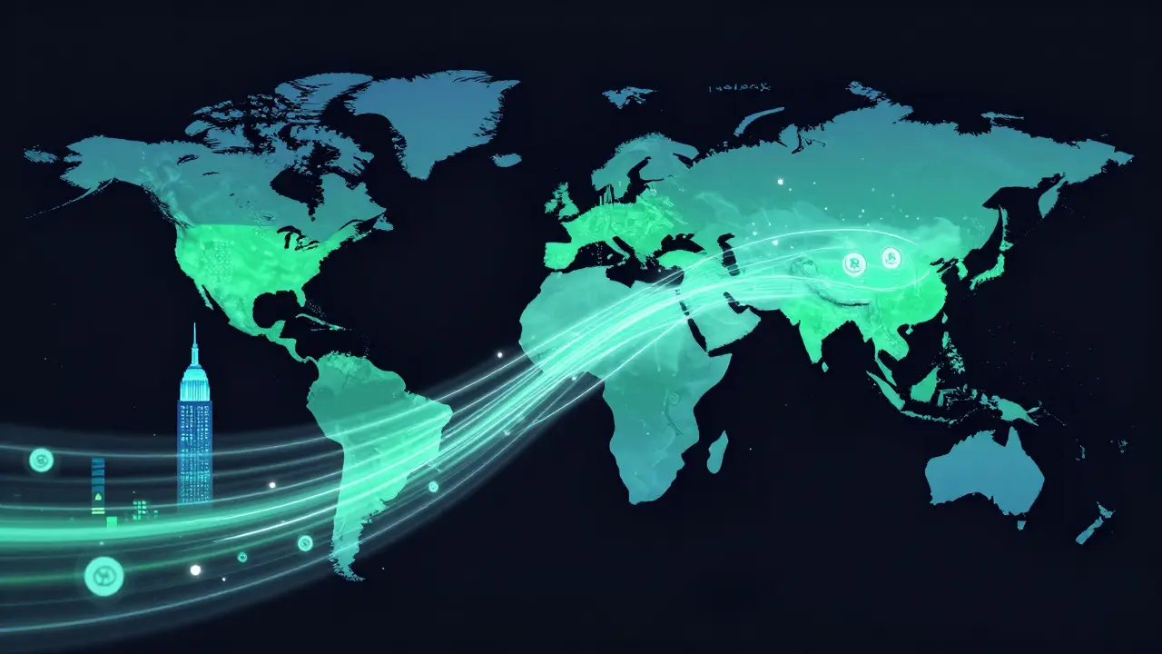 Vector art showing a digital stream of coins connecting New York and Manila over a world map.