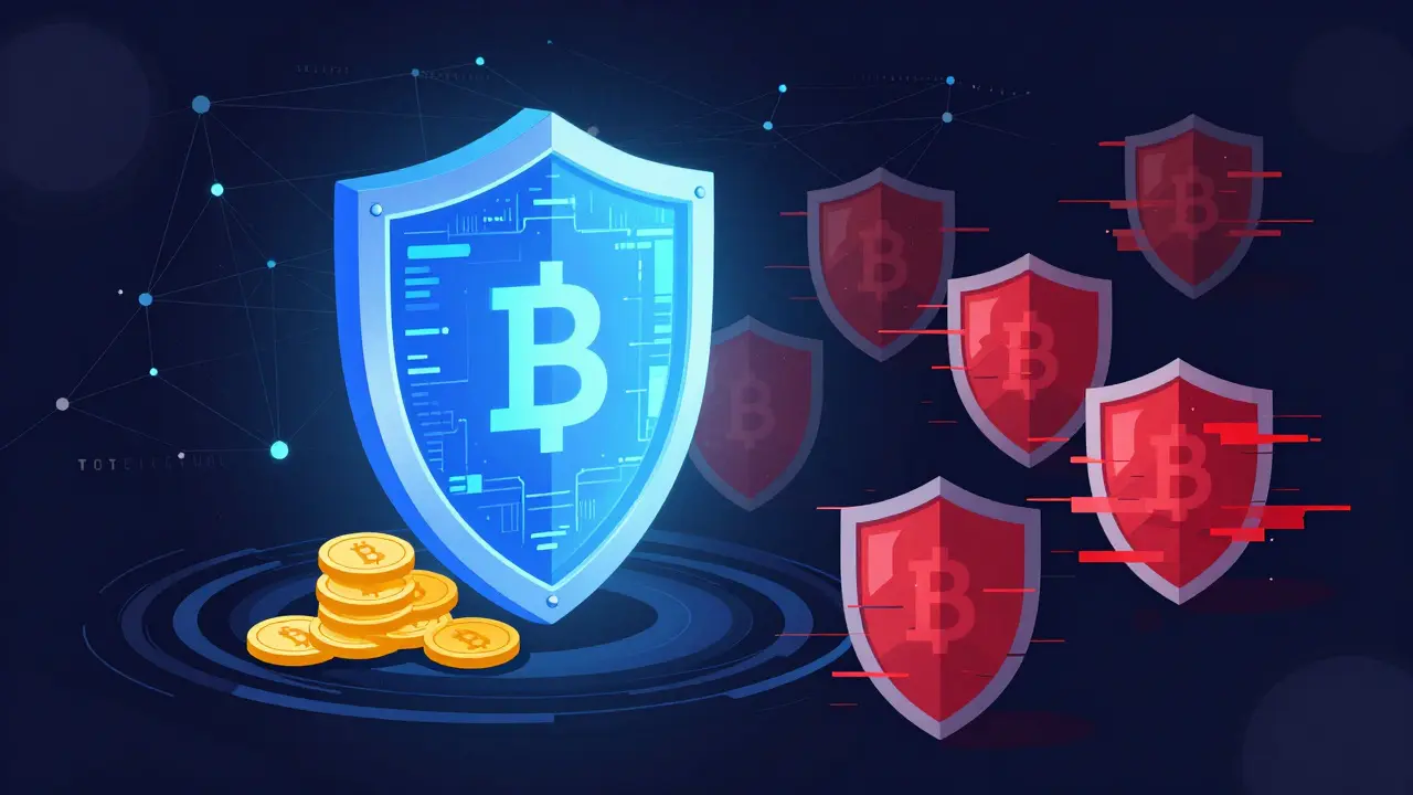 Vector art showing a secure digital shield protecting coins against red glitched clones.