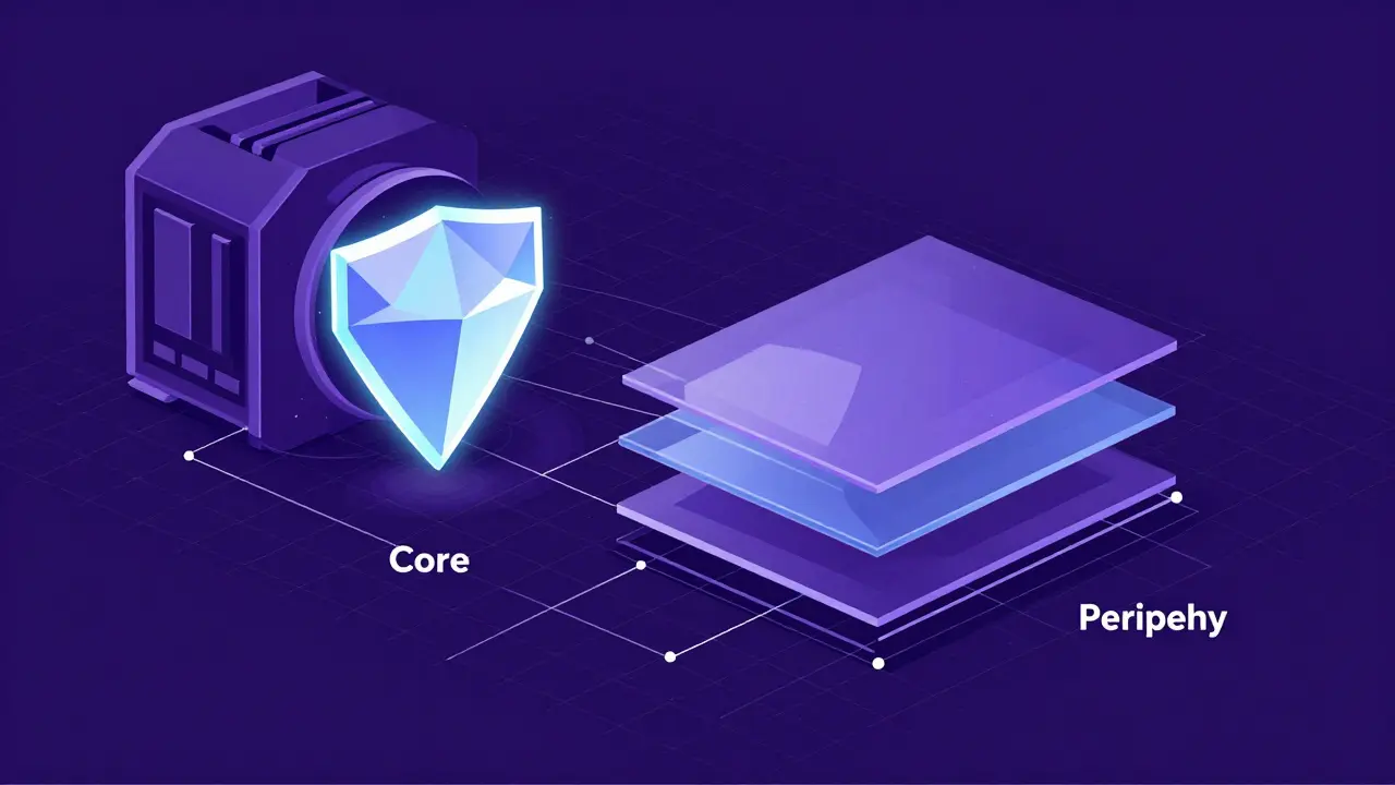 Vector diagram showing a secure core vault and a modular interface representing DEX architecture.