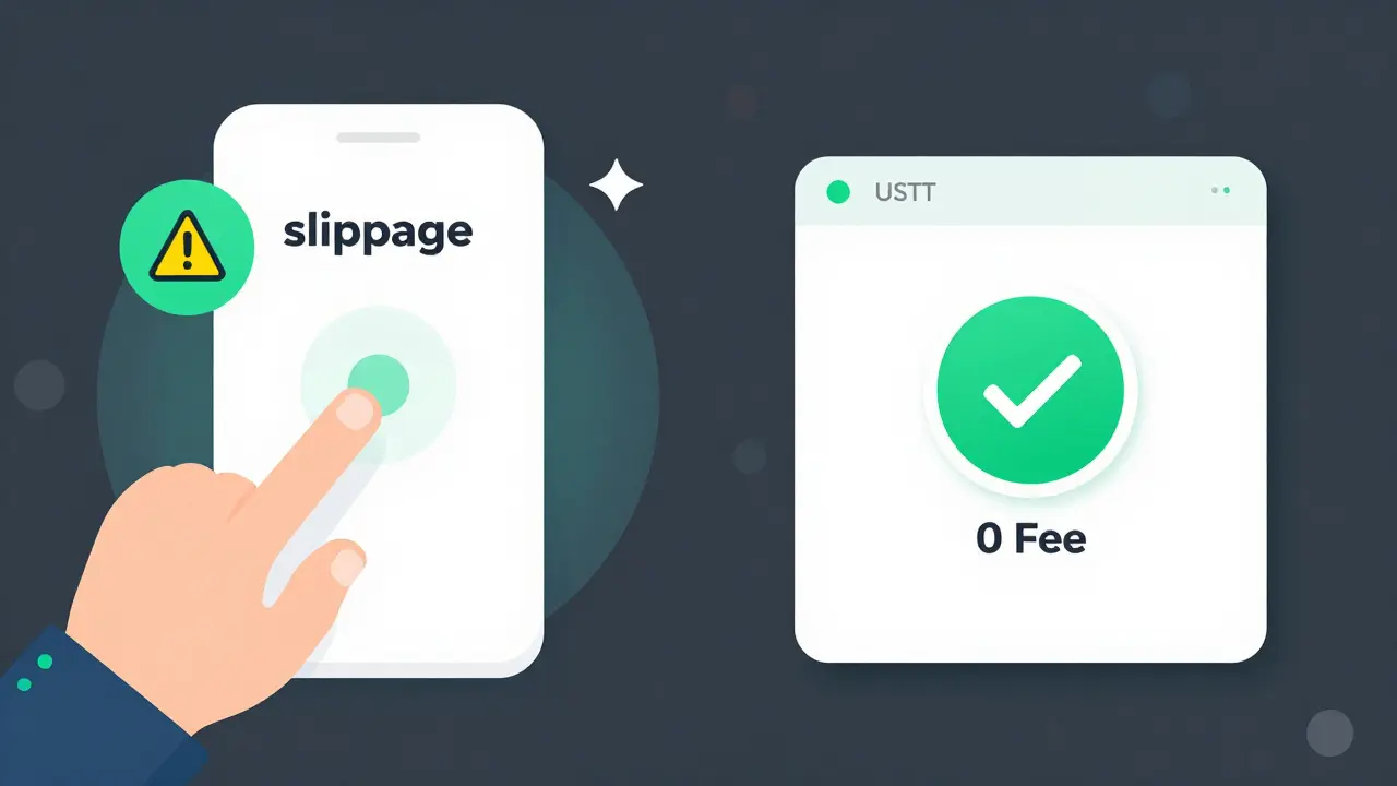 Vector illustration comparing a token swap interface with a zero-fee payment dashboard.