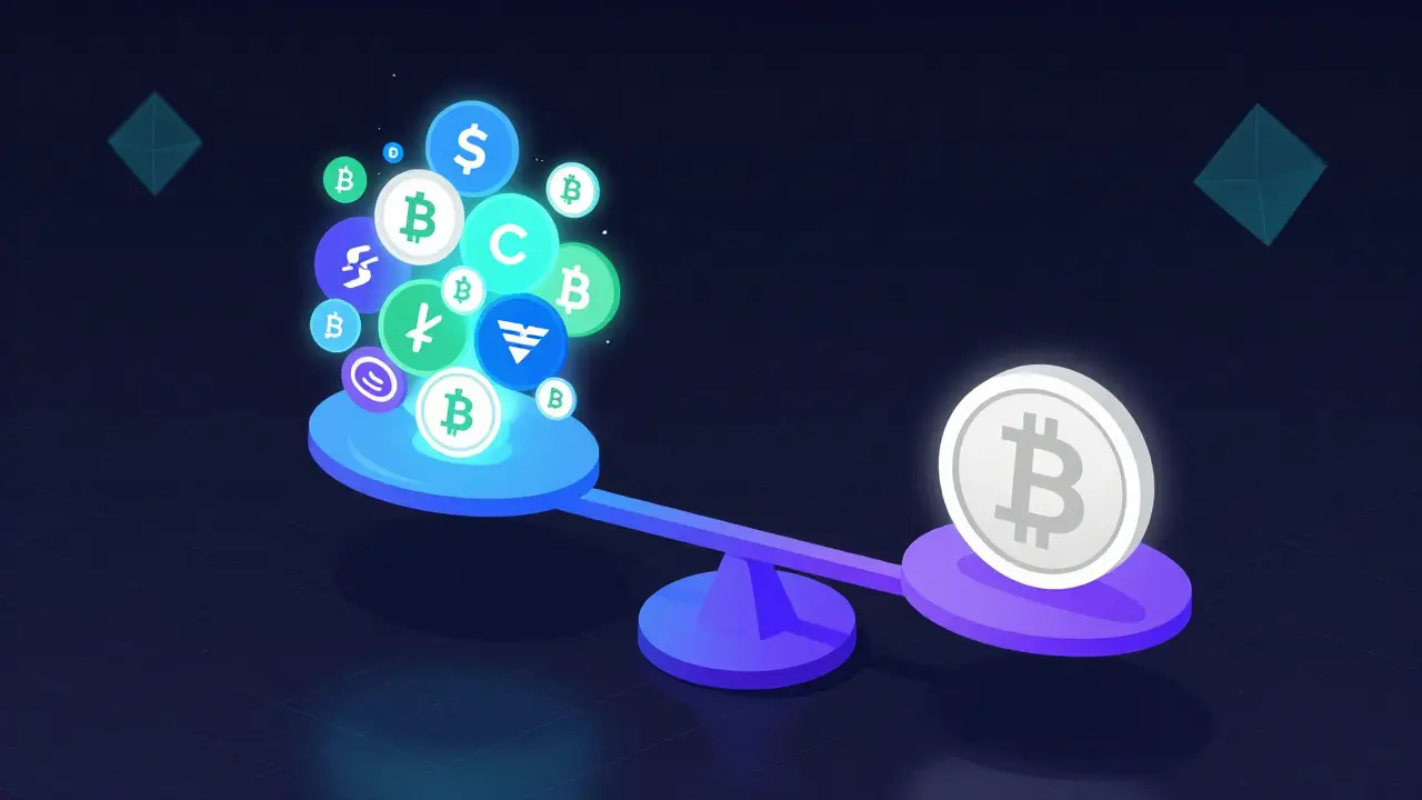 Vector illustration of a digital scale balancing a large amount of crypto against a stablecoin.