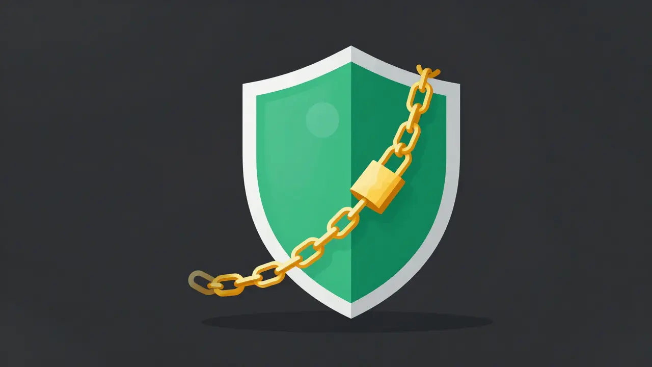 Vector illustration of a digital shield and unlocked chains symbolizing financial privacy