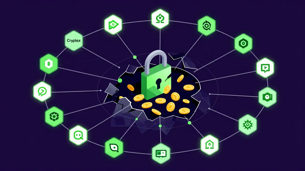 Vector illustration of a tangled web of crypto nodes with a broken lock and leaking coins.