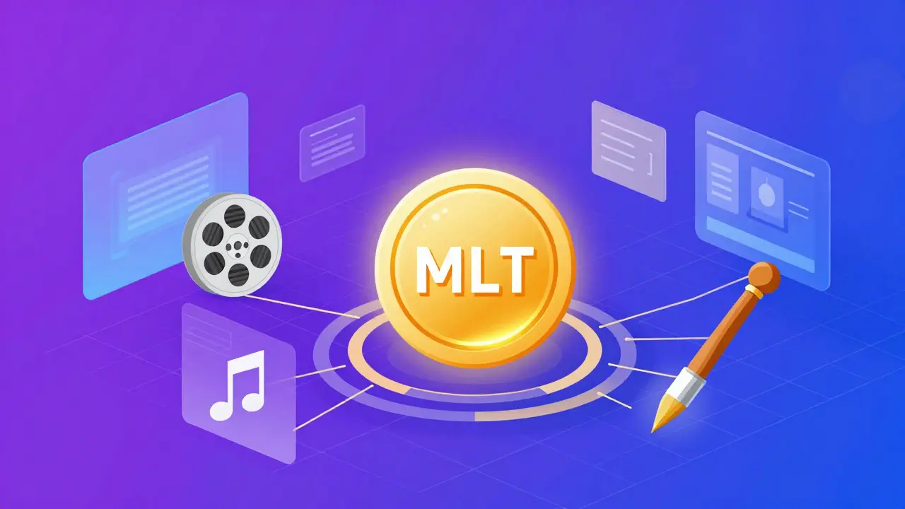 Vector illustration of an MLT token connecting film, music, and art in a digital metaverse.