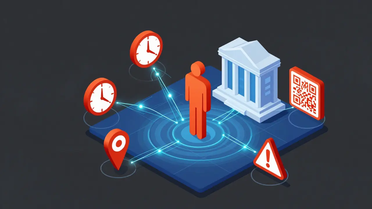 Vector illustration of behavioral triggers like night-time activity and distance flagging a bank account.