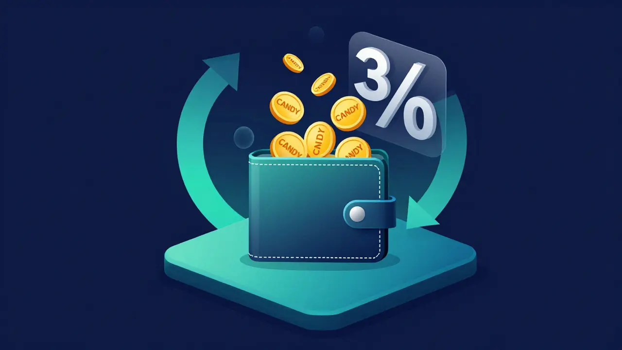 Vector illustration of golden tokens flowing into a digital wallet with a percentage symbol.