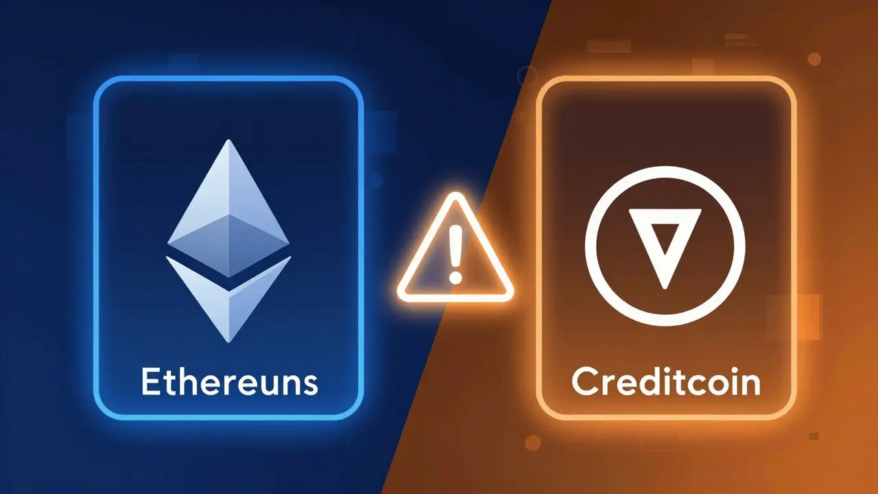 Vector illustration of two different blockchain portals with a warning sign