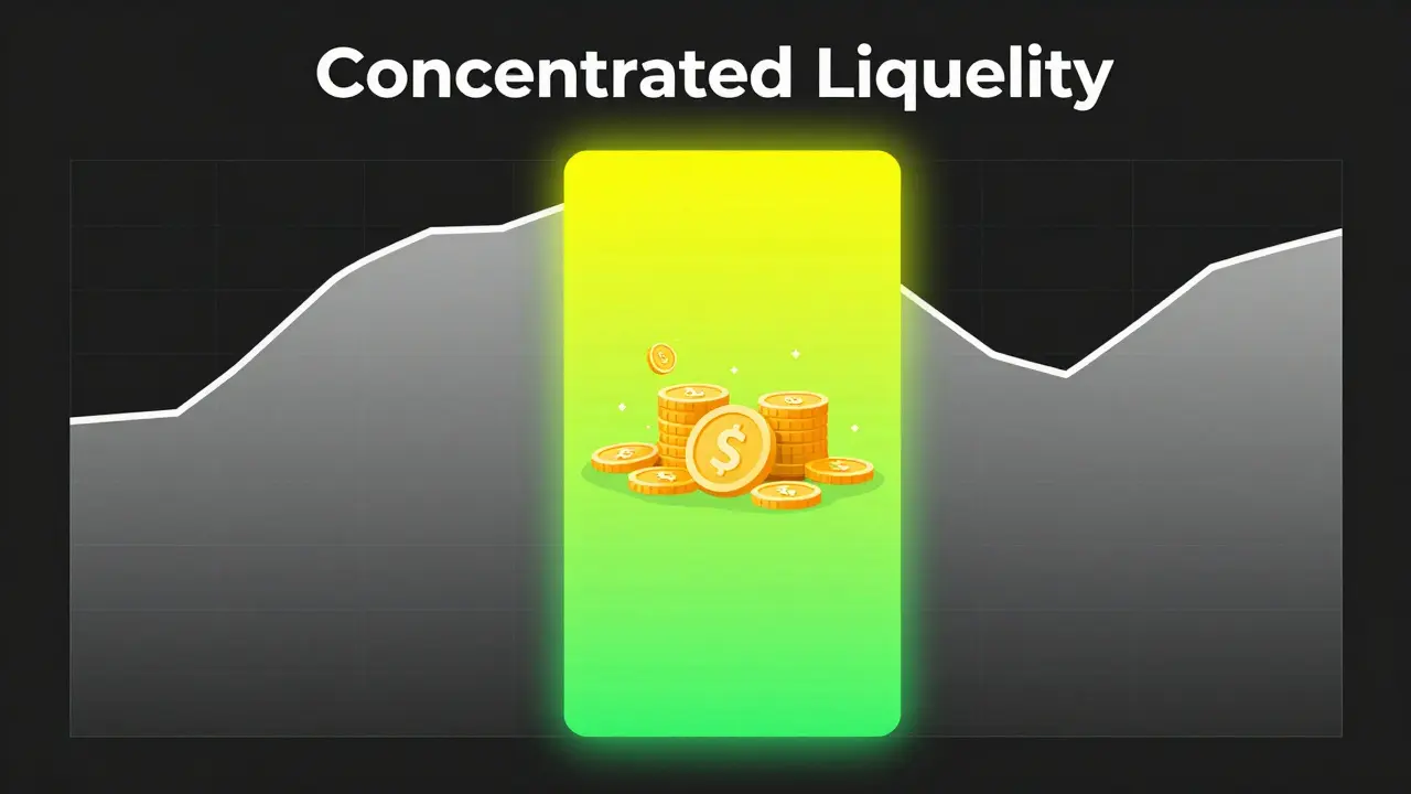 Vector illustration showing concentrated liquidity as a vibrant glowing zone on a dark grid.