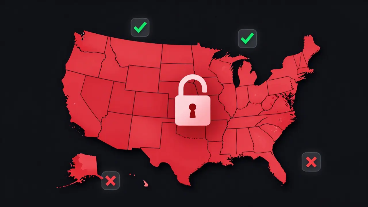 Vector map of the US showing restricted access in New York and Washington states.