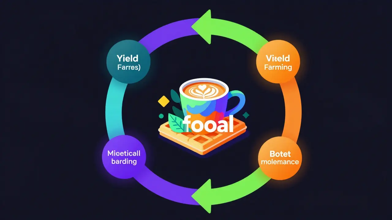 Abstract vector diagram of BAKE token utility loop and NFT staking rewards.