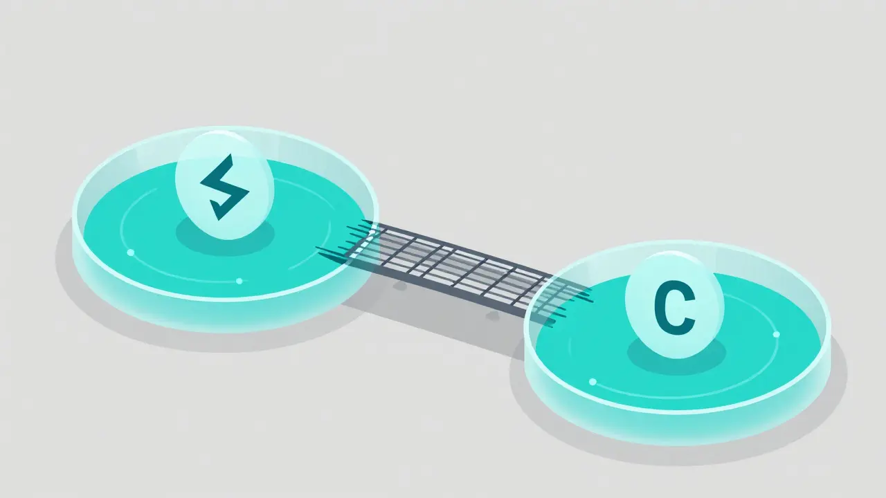 Abstract vector illustration of ETH and USDC pools with a bridging connection.
