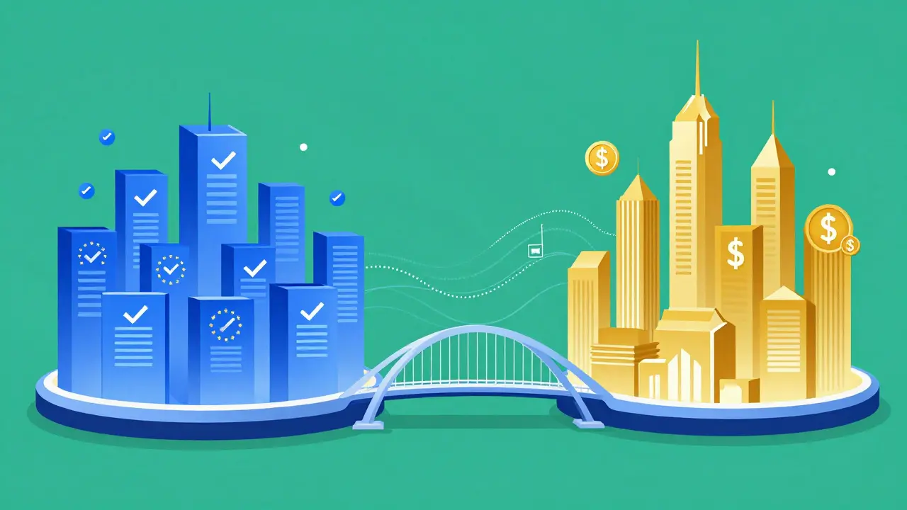 Digital art showing connected EU and US crypto markets via bridge