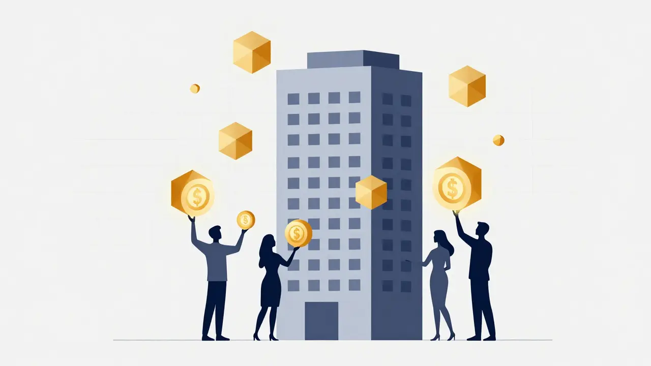 Digital vector illustration of a building split into tokens held by various people.
