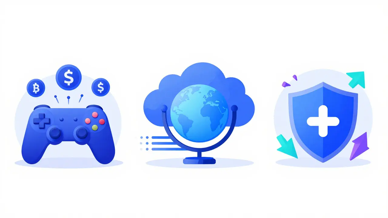 Flat vector illustration showing gaming, SaaS, and high-risk industries using cryptocurrency payments.