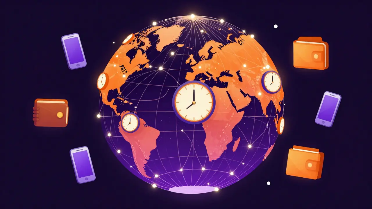 Global network nodes illustrating 24/7 crypto trading accessibility