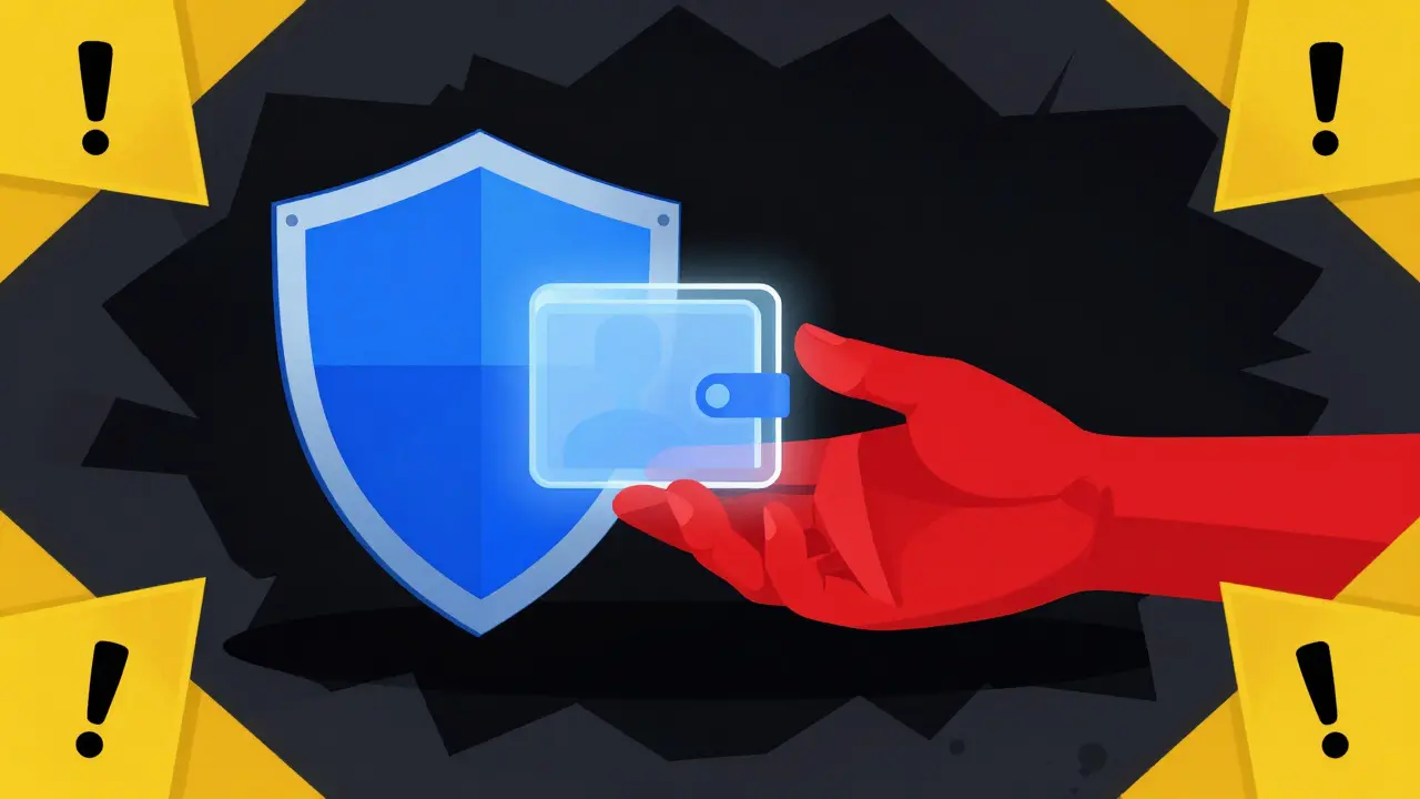 Graphic showing a shield protecting a digital wallet from a malicious red hand reaching out.
