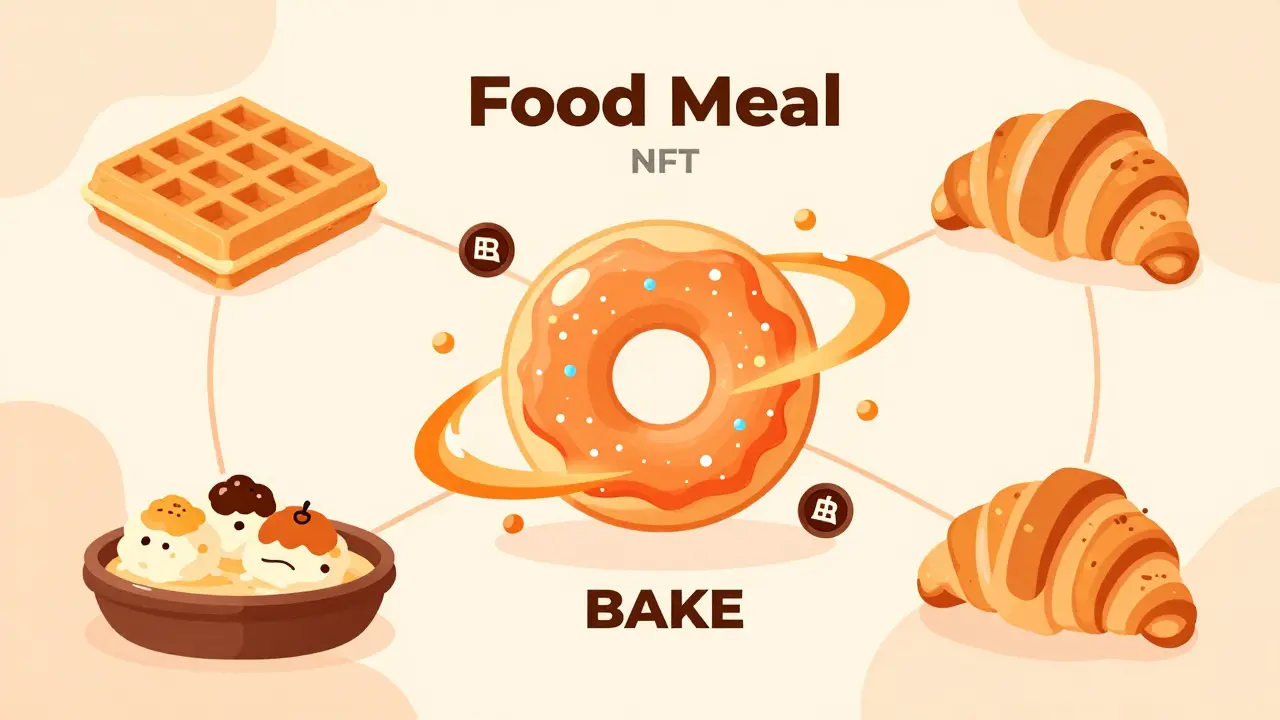 Illustration of food-themed NFTs like donuts being created from BAKE tokens in a yield farm.