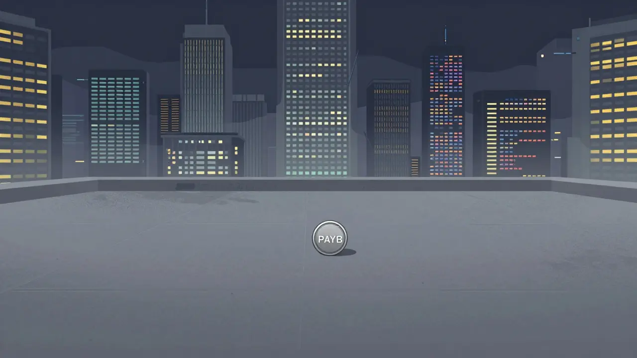 Isolated Paybswap token on an empty platform, dwarfed by busy major exchange towers.