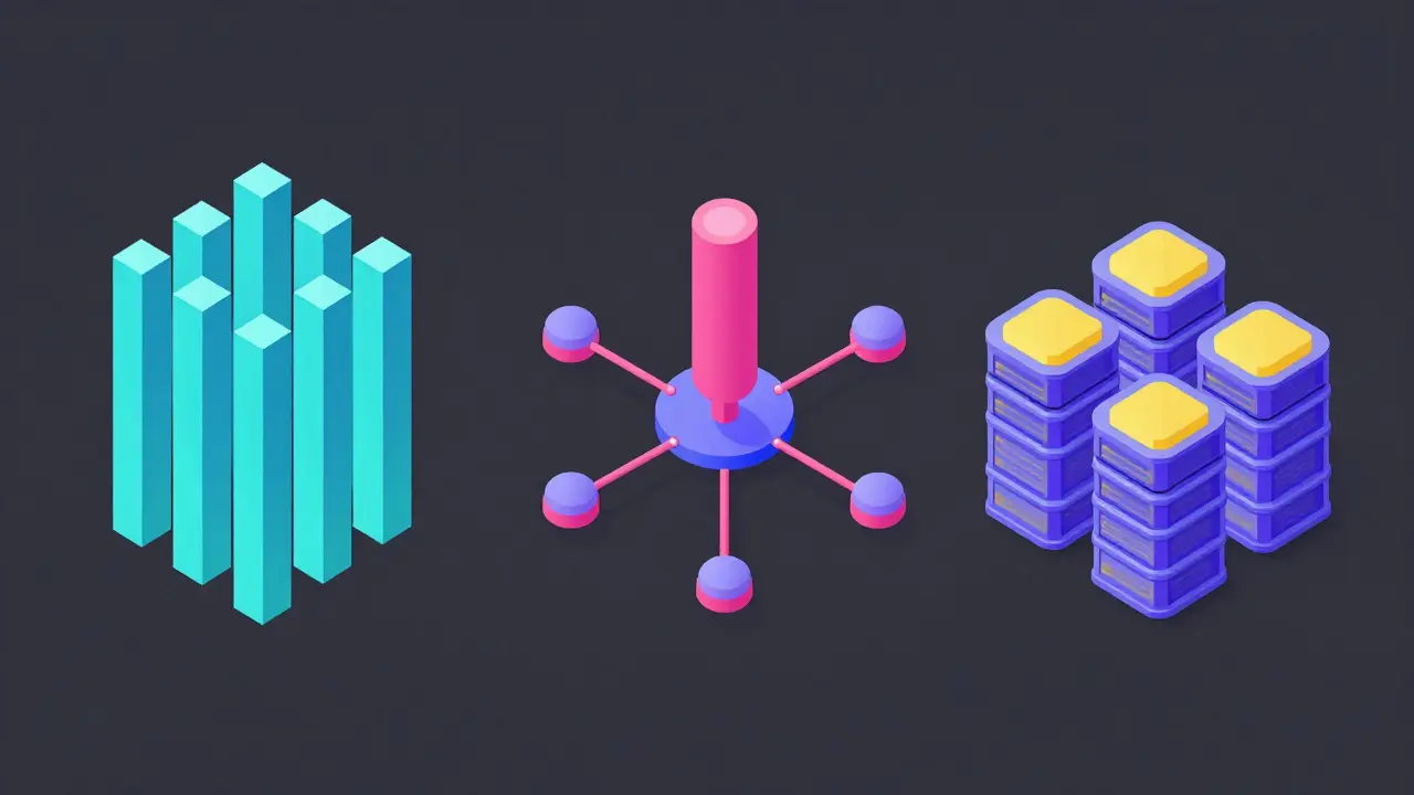 Isometric vector art displaying three different sharding architectures side by side