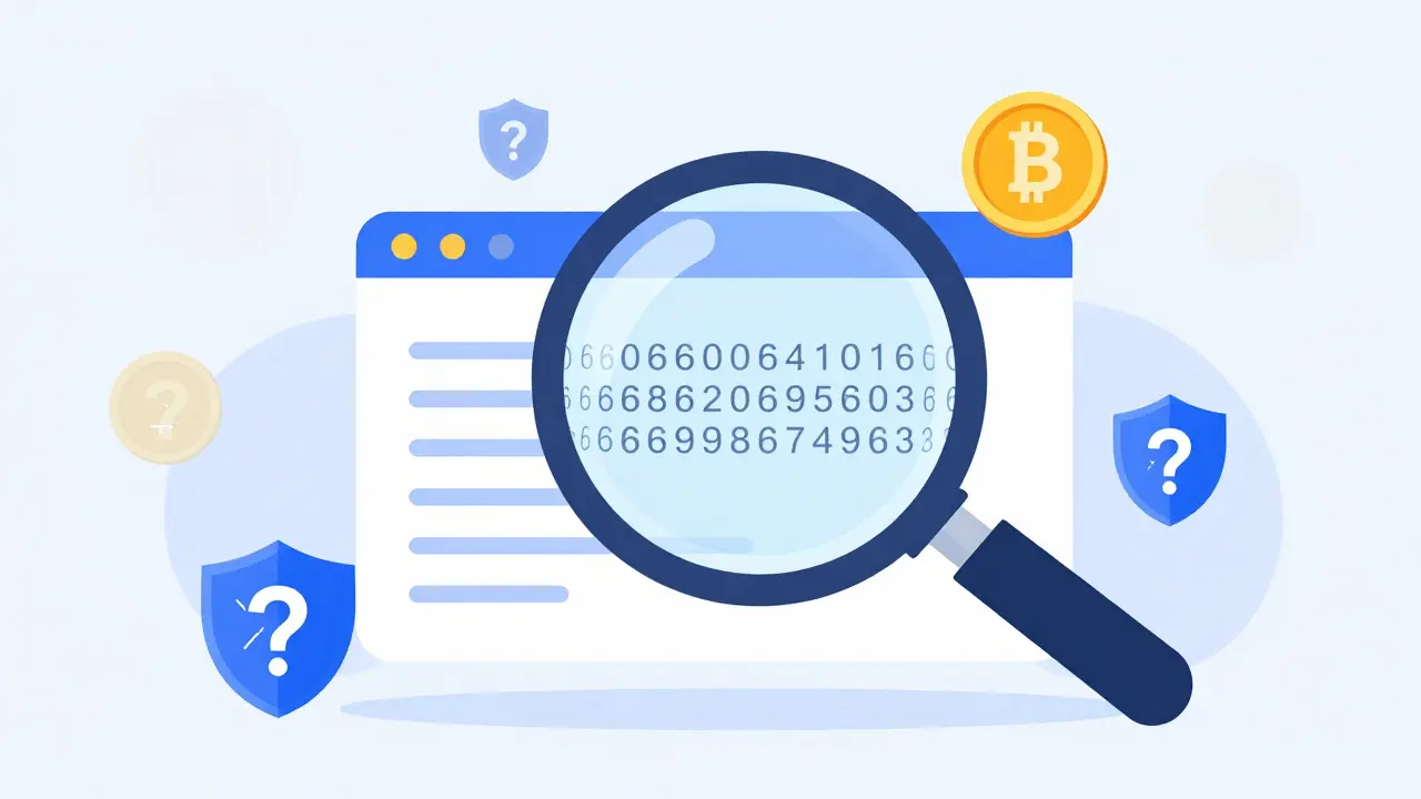 Magnifying glass inspecting a crypto contract address with warning signs