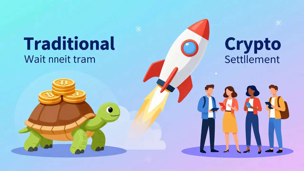 Modern vector graphic comparing slow traditional banking with fast crypto transactions and young users.