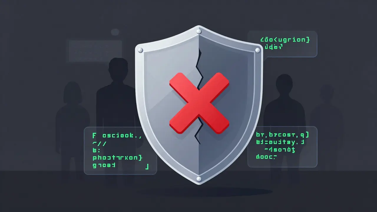 Modern vector graphic of a cracked shield over code representing security risks