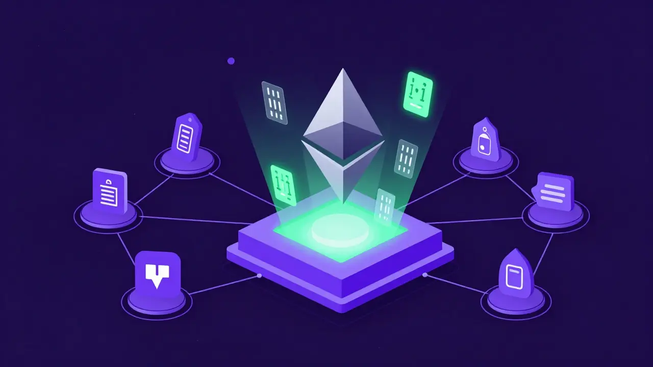 Modern vector graphic of Ethereum blobs connecting to Layer 2 networks for data scaling