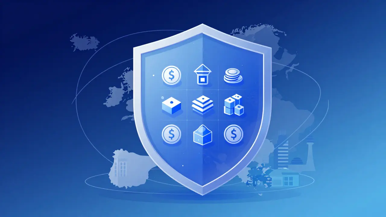 Modern vector illustration of EU MiCA regulation as a protective shield for assets.