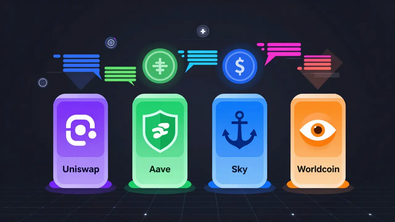 Modern vector illustration of four DeFi protocol pillars connected by data streams.