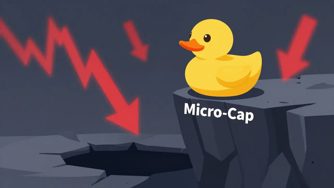 Rubber duck on a cliff edge illustrating high risk and volatility of meme coins