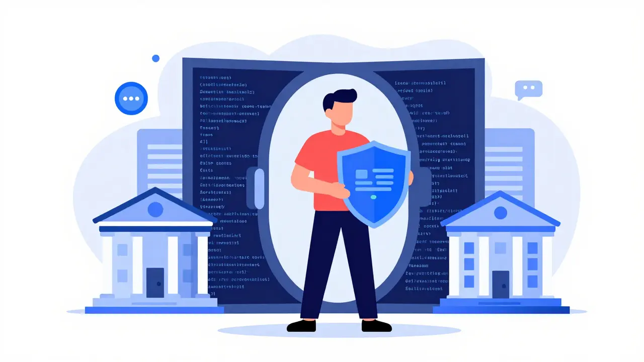 Stylized figure holding a crypto wallet protected by a smart contract shield.