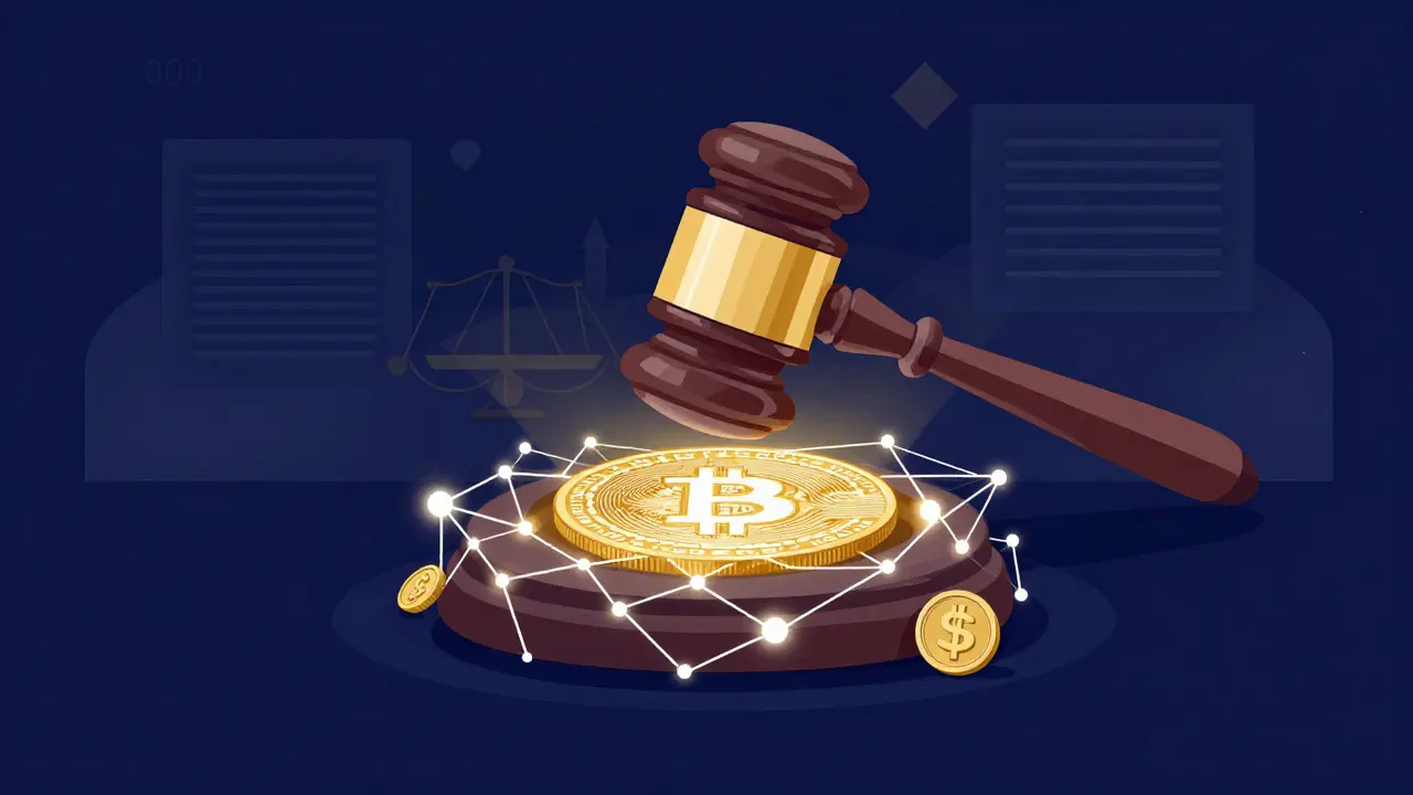 Stylized vector gavel striking a blockchain network, representing crypto regulation.