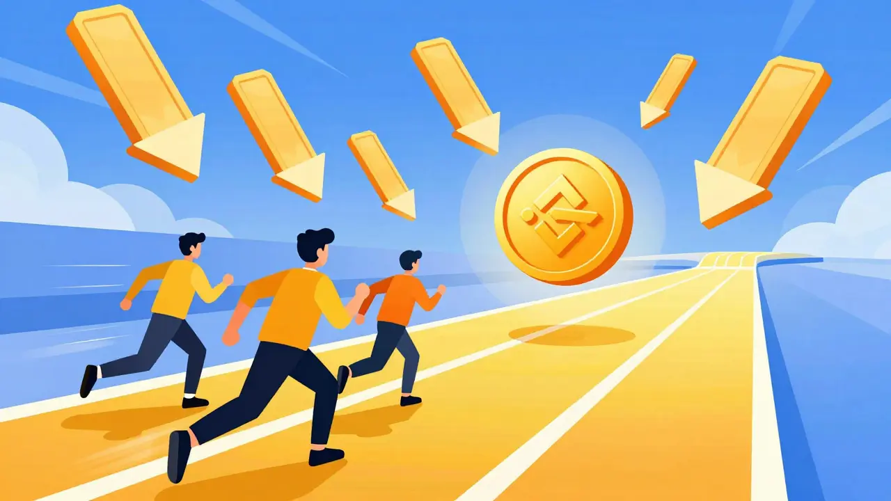 Stylized vector illustration of users racing to claim SHARDS tokens on a digital track.
