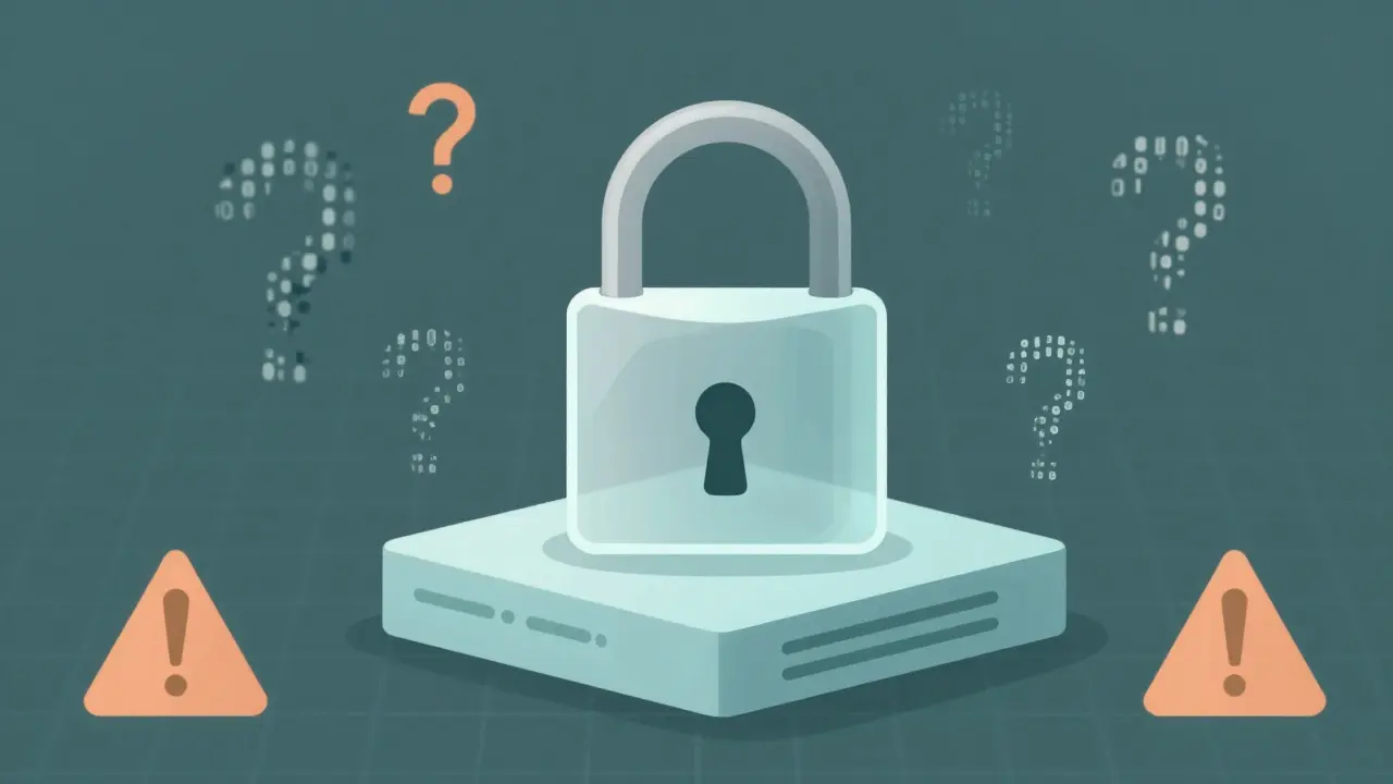 Translucent lock over blurred data blocks symbolizing crypto security risks