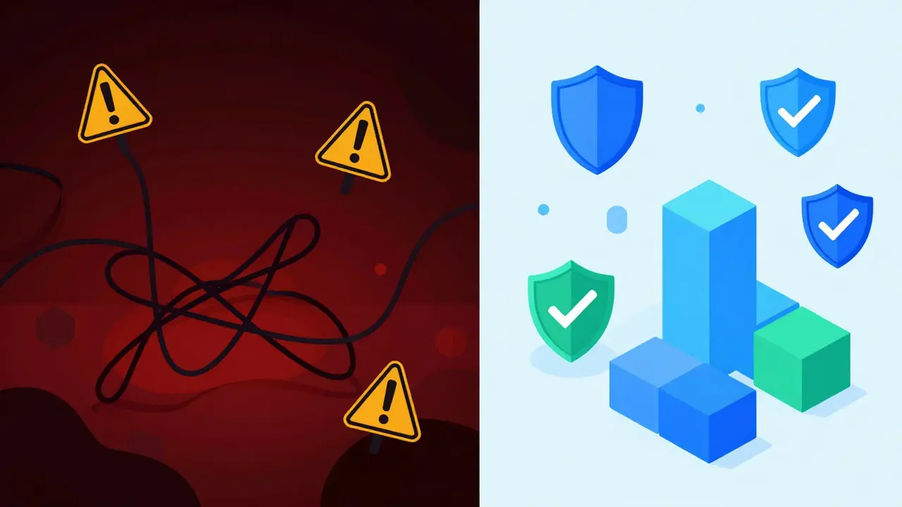 Vector art contrasting chaotic scam platforms with secure, regulated exchanges.