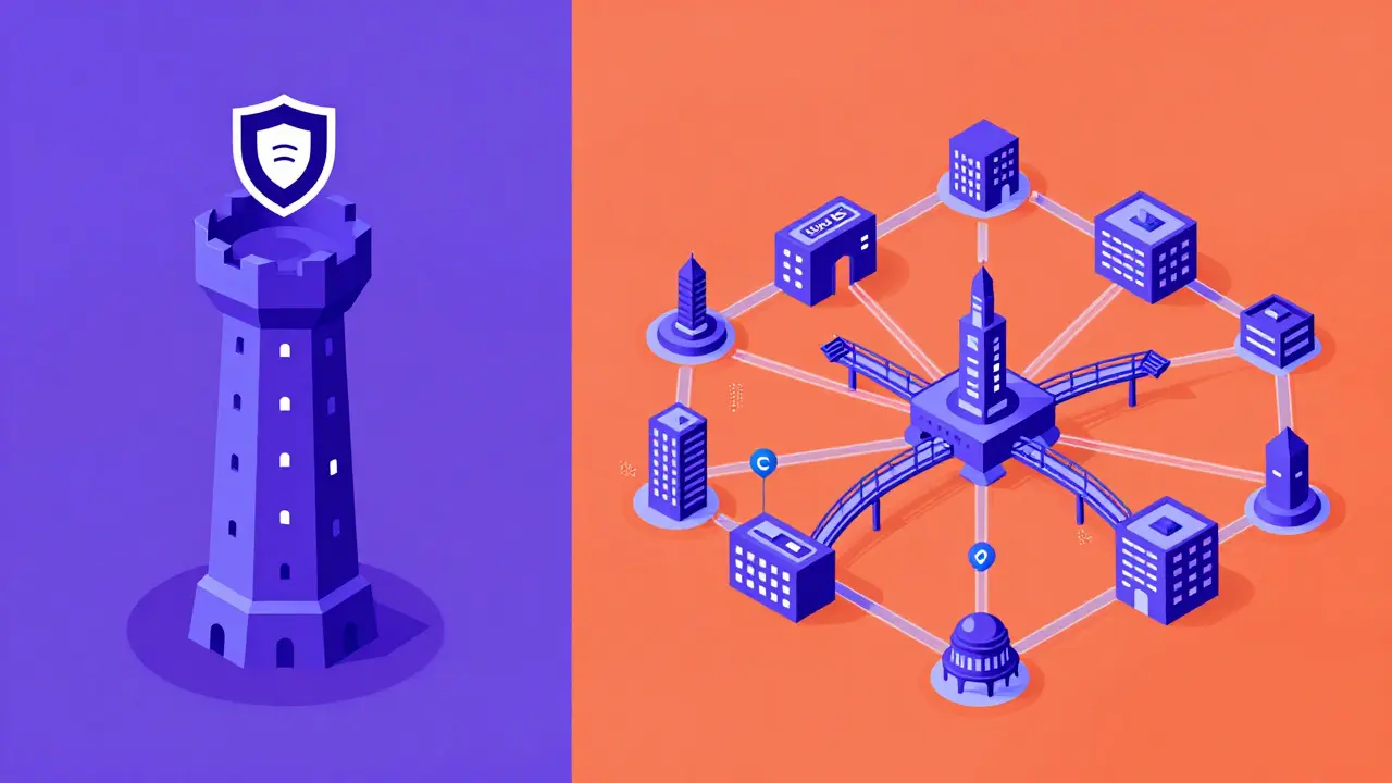 Vector art contrasting ZigZag's isolated tower with Arbitrum's vast connected DeFi ecosystem
