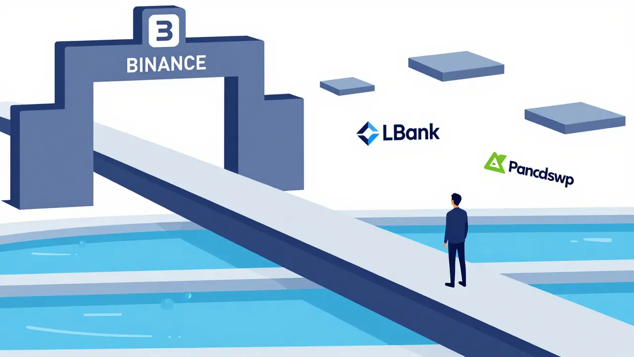 Vector art depicting a trader navigating fragmented, low-liquidity exchange platforms.