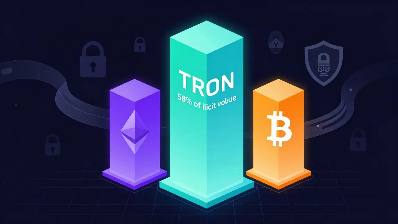 Vector chart comparing illicit activity shares across TRON, Ethereum, and Bitcoin blockchains