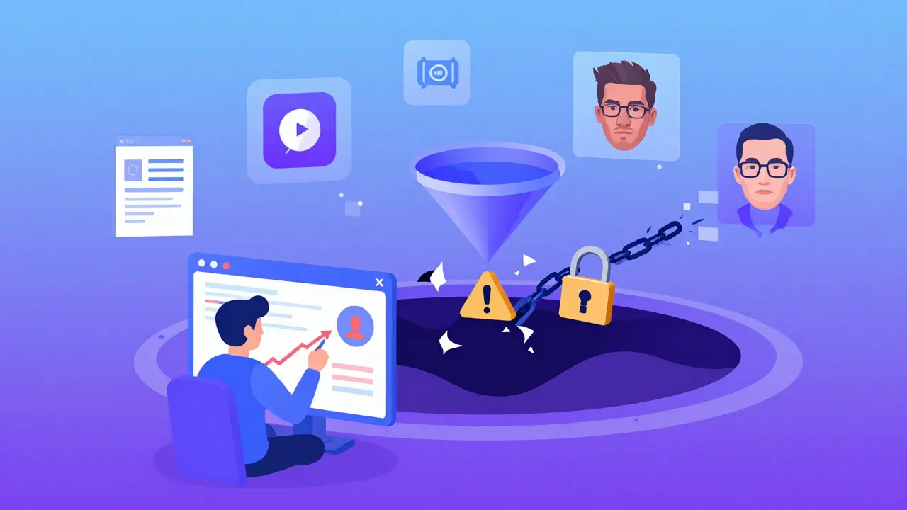 Vector illustration of a crypto scam funnel stealing user funds via social media.