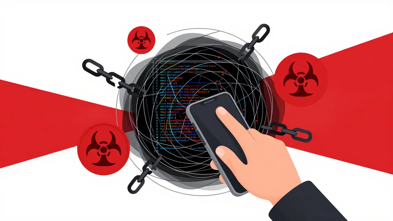 Vector illustration of a user facing risky, unaudited smart contract code webs.