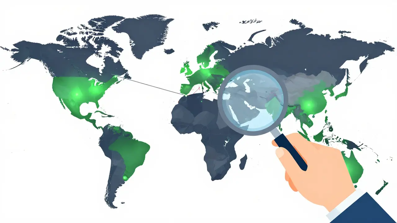 Vector map illustrating global crypto regulatory compliance and travel rule gaps