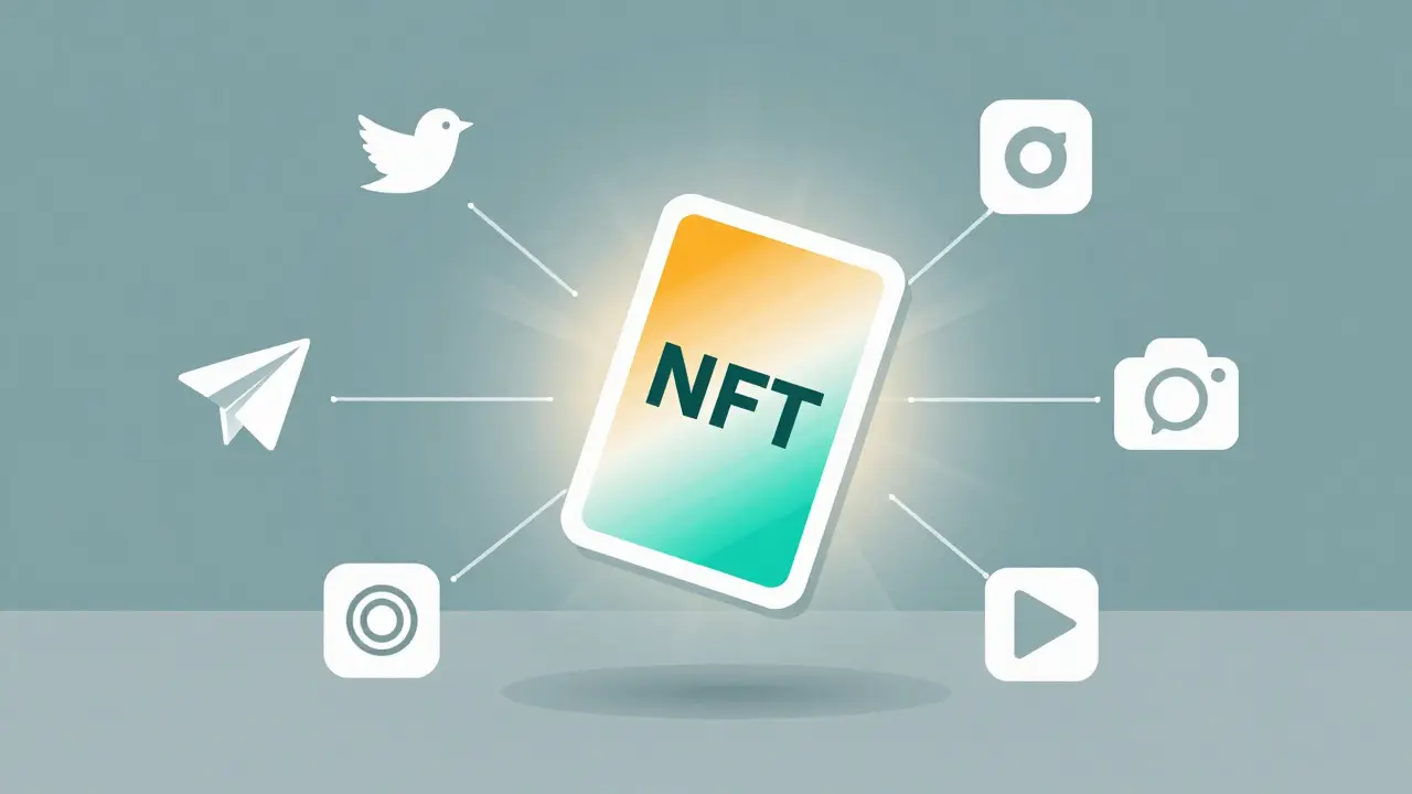 Abstract vector icon of an NFT card connected to social media nodes