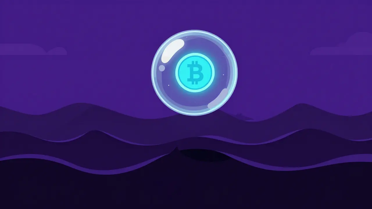 Abstract vector illustration of a fragile crypto token bubble over volatile waves
