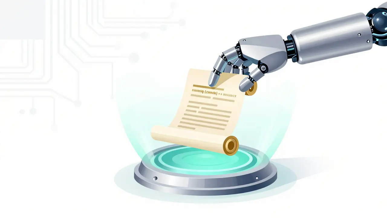 AI robot merging legal documents with a digital blockchain vault