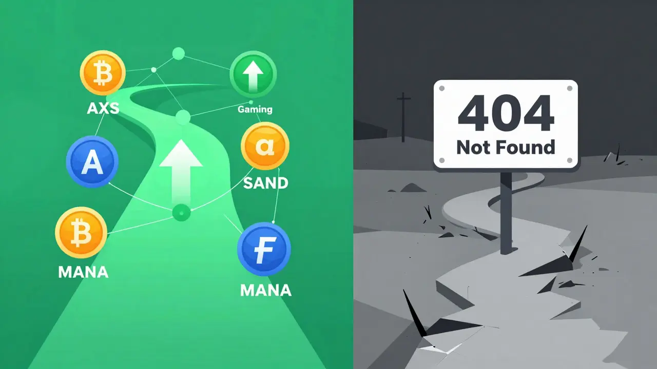Comparison of thriving green crypto path vs crumbling gray dead end