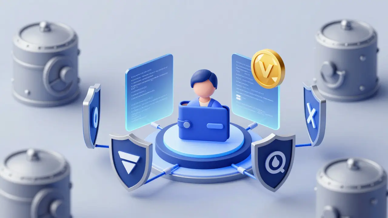 Digital art depicting secure, non-custodial smart contract trading architecture.