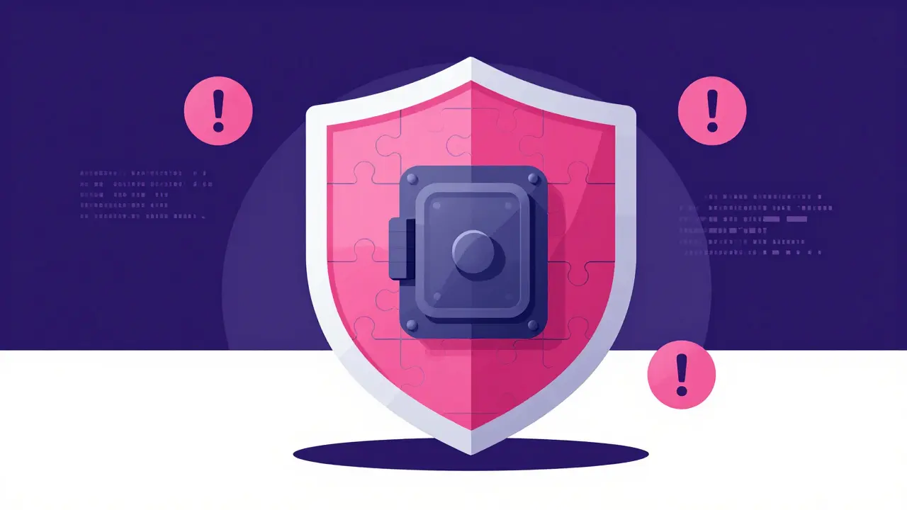 Digital vector art of a shield protecting a crypto vault symbolizing security risks